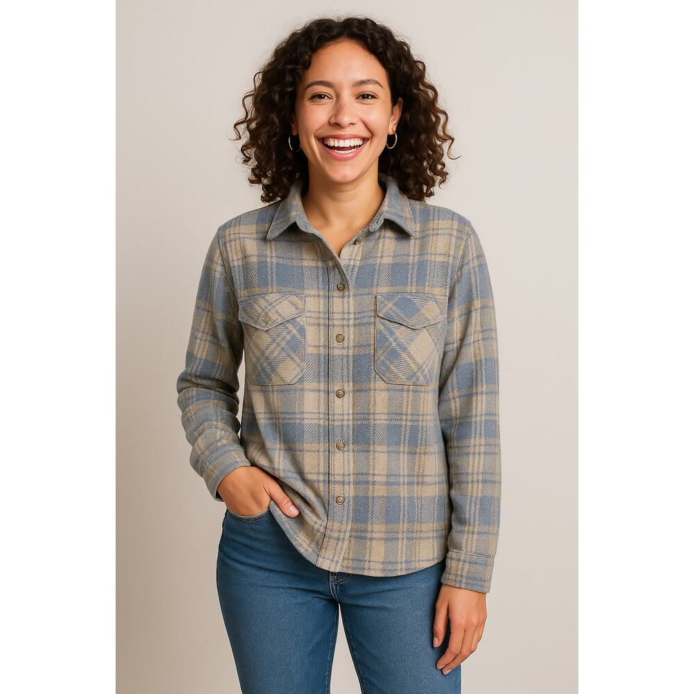 Casa Cabana Plaid Button Down Shacket Women Large Blue Beige Gray Soft Flannel